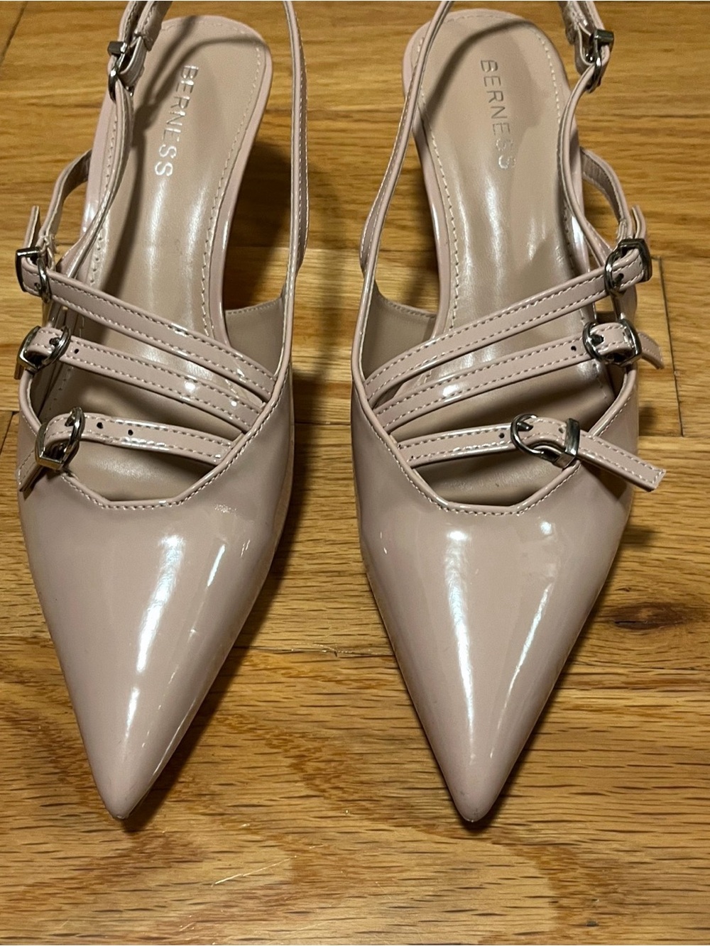 Berness Blush Pink Patent Pointed-Toe Slingback Kitten Heels